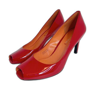 Via Spiga Red Patent Leather Peep Toe Stilettos Heels Pumps Women's Size 7.5